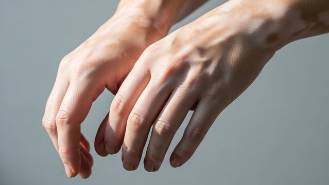 Close-up view of human hands displaying the distinctive white patches of vitiligo, highlighting the unique skin pigmentation variations and medical skin condition
