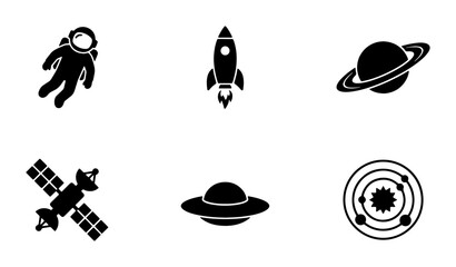 Space Exploration Icons: Astronaut, Rocket, Saturn, Satellite, UFO, Solar System Vector Set © Hasan