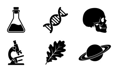 Science Icons Set: DNA, Skull, Microscope, Flask, Oak Leaf, Saturn, Vector Graphics for Research and Education © Hasan