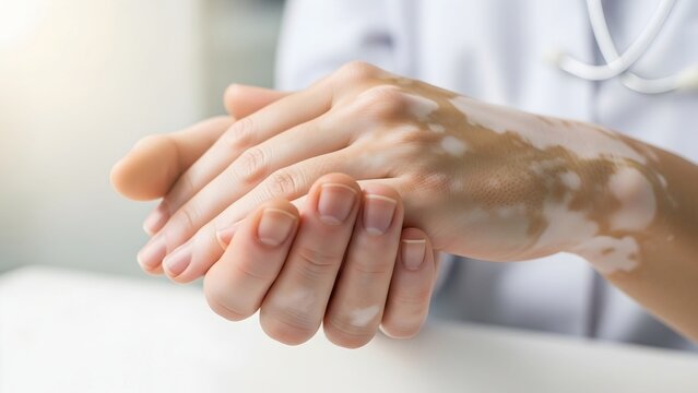 Healthcare professional's hands with vitiligo, emphasizing the importance of dermatological care, patient understanding, and diverse skin conditions in modern medicine