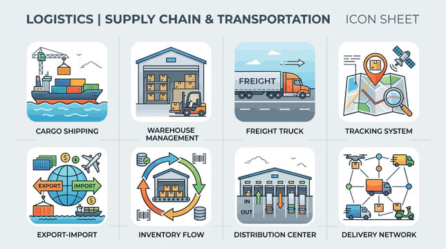 Logistics and Supply Chain Management Infographic with Icons and Flat Design Elements