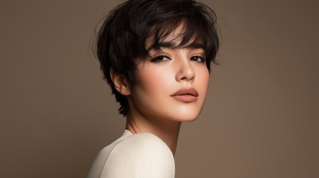 Soft Dark Bixie Haircut Beauty Side Portrait