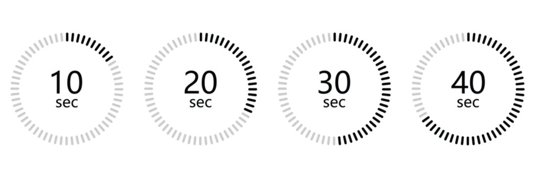 Digital Countdown Timer Icon Set with 10, 20, 30, and 40 Seconds Circular Progress Bars