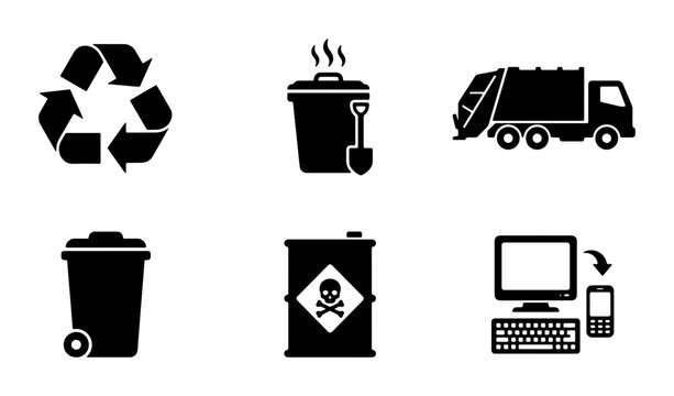 Recycling, Waste Management, and Disposal Icons: A Set of 6 Vector Graphics for Environmental and Industrial Concepts