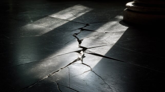 Deep fissure splits dark stone floor tiles under dramatic light exposure
