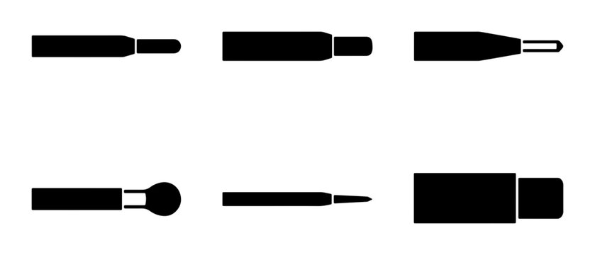 Set of Six Black Vector Icons representing drill bits, grinding tools, and rotary accessories for industrial and craft applications