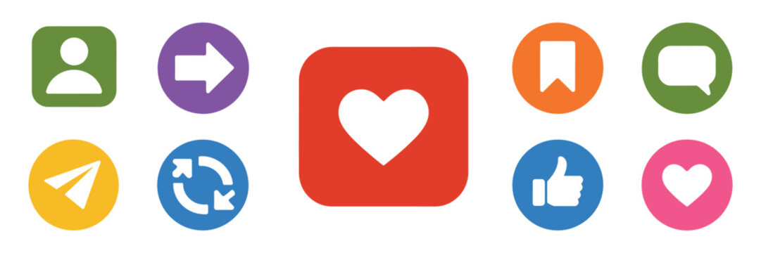 Social media reaction icon set featuring like, love, heart, share, comment, save, and repost symbols in circle and bubble shapes.