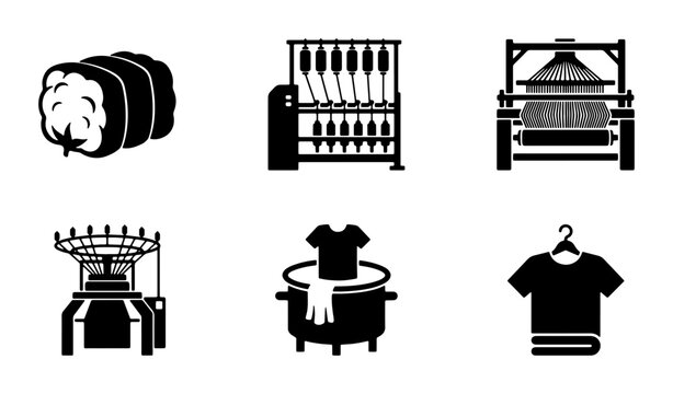 Textile Industry Icons: Cotton Bale, Spinning Machine, Loom, Knitting Machine, Dyeing Vat, T-shirt Garment Production Process Vector Set