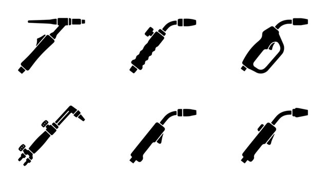 Welding Torch Icons Set, MIG TIG Plasma Cutter Tools Collection, Industrial Metalwork Equipment Graphics, Black and White Vector Illustrations