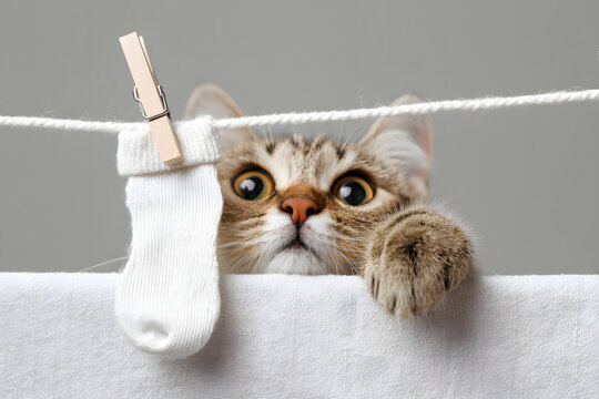 靴下で遊ぶ子猫 かわいい猫と洗濯物のユーモラスなイメージ