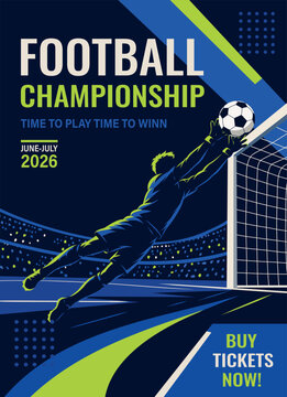 Football championship. Vibrant vector poster, dynamic goalkeeper jumping with the ball, stadium background, neon accents. For football-themed materials, ticket sales, sports posters, social media, web