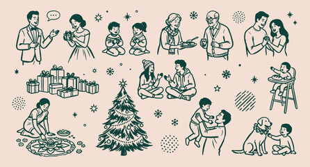 Fototapeta premium holiday family pattern, winter season joy, child parent home, celebrating together christmas, festive gathering event, minimal line art, vector background design holiday, family, pattern, winter, seas