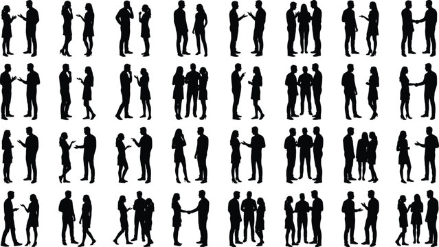 Large collection of talking people silhouettes featuring couples and groups in conversation handshaking for architectural site plan design