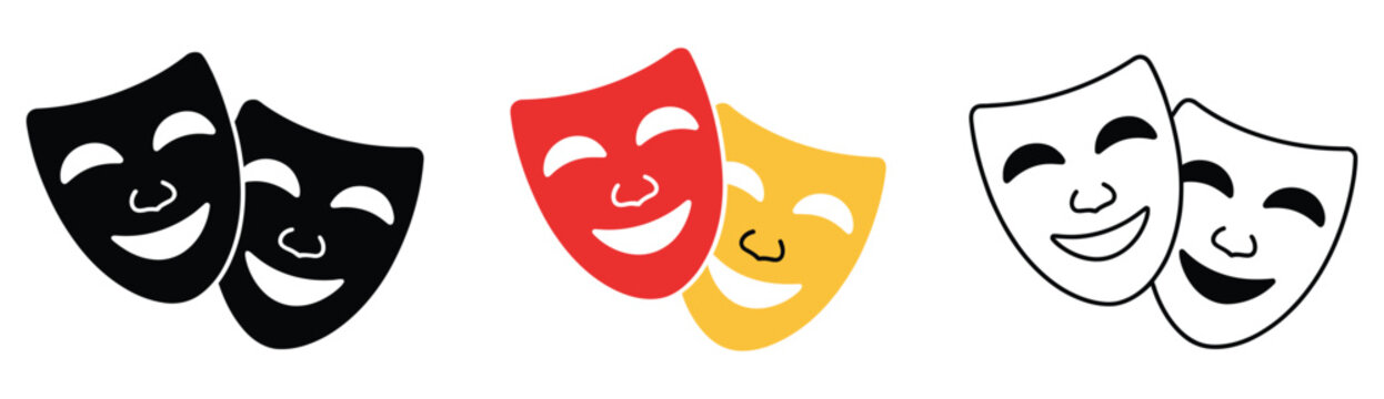 Theater mask icon collection with comedy and tragedy symbols for drama, performance, and entertainment design.