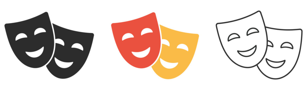 Masquerade vector icon set featuring comic and tragic theater masks on a white background.