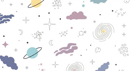 Whimsical Space Pattern with Planets and Clouds. © Rapli
