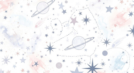Whimsical Space Pattern with Planets and Stars. © Rapli