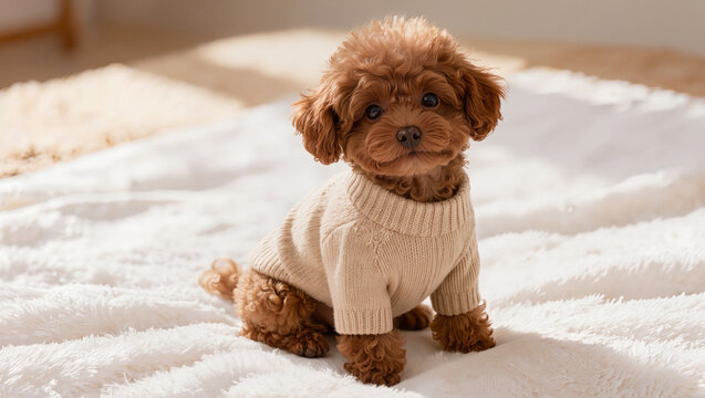 Adorable toy poodle puppy wearing cream knit sweater posing on soft white rug in cozy bright interior, authentic pet fashion portrait, premium editorial pet photography with copy space