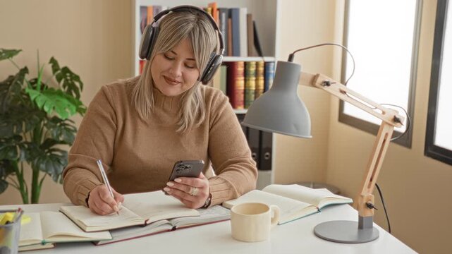 Woman writing in notebook with smartphone in hand while wearing headphones at a study desk in a building; concentration study focus.