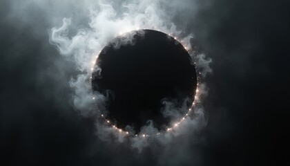 Naklejka premium Black circle surrounded by smoky wisps and glowing embers. Abstract, dark background with swirling mist and light particles. Cosmic event, mysterious atmosphere, or gateway.
