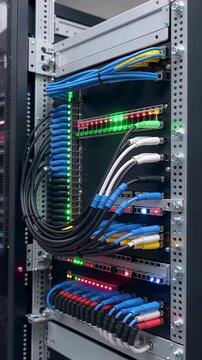 Server Rack with Cables and Lights in Data Center for Networking.