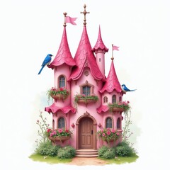 Fototapeta premium Pink fairytale castle with towers, turrets, balconies, flowers, and blue birds. Whimsical structure in garden setting with grass and plants. Enchanting dream home.