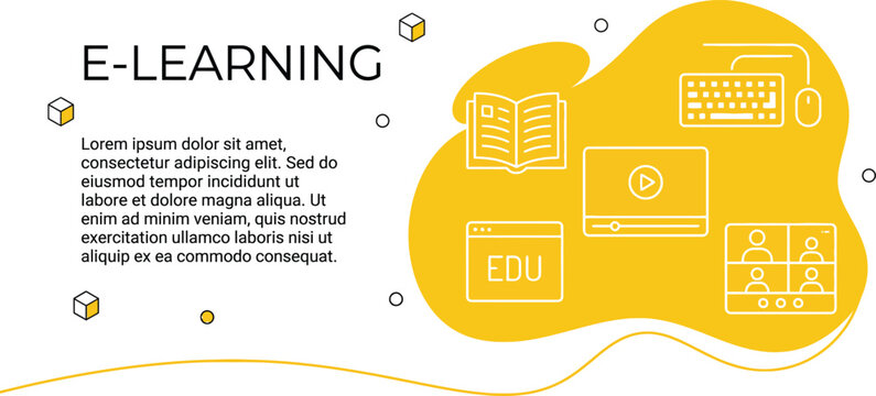 E-learning landing page template with digital education icons video lecture book and online conference on yellow abstract background