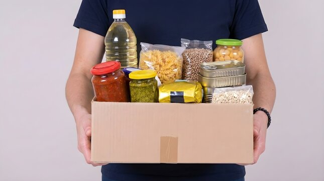 Person holding a cardboard box filled with non-perishable food items and groceries for donation or delivery