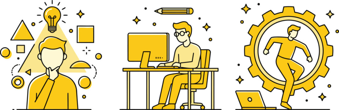 Creative work process icon set with character thinking, designer working at computer desk, and man running inside gear wheel