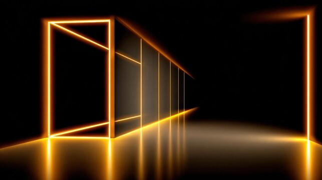 Illuminous geometric frames define a dark, reflective futuristic corridor pathway