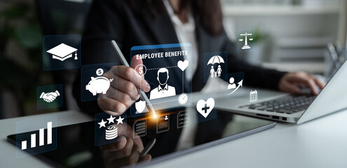 Business Professional Reviewing Employee Benefits with Digital Interface and Icons Displaying...