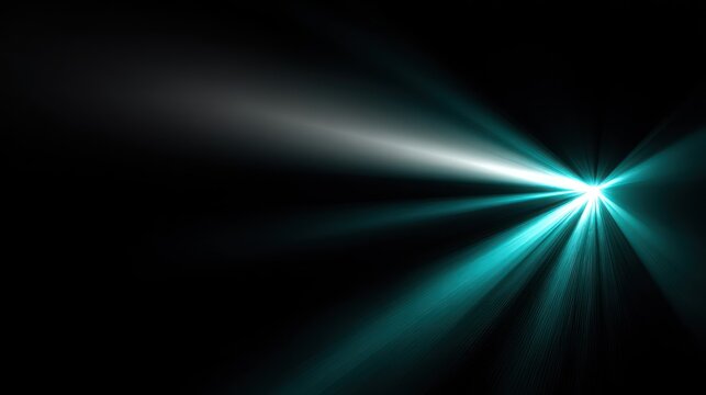 Brilliant cyan light source explodes from the center right against a deep black background