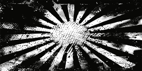 A striking black and white graphic depicting a sunburst motif with a distressed, textured effect. This abstract design evokes a sense of raw energy and intensity. © Wx