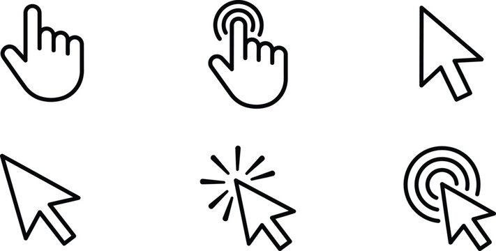 Set of black line cursor icons with mouse arrow pointers hand clicking gestures and touch interface selectors