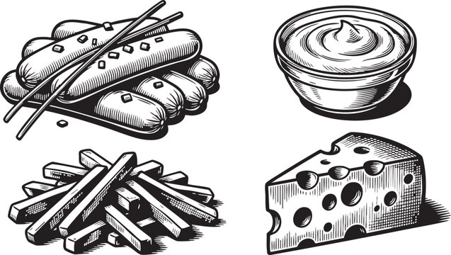 Sausages fries cheese and sauce dip set presented as a collection of detailed black and white vector line art illustrations for restaurant menu design projects