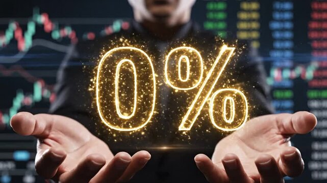 Businessman holding glowing zero percent symbol with charts.