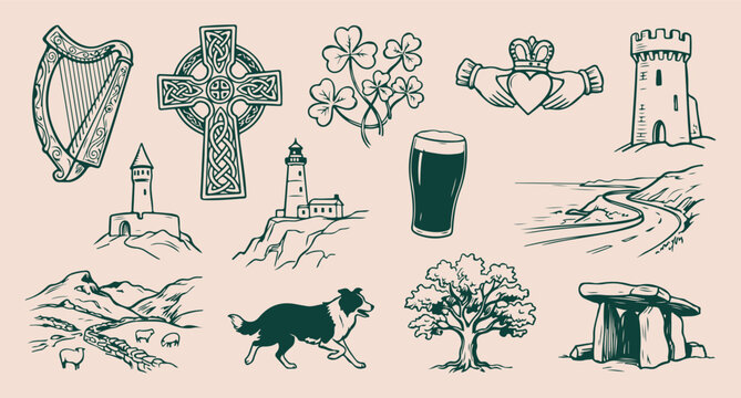celtic heritage pattern, irish symbols icons, ancient stone cross, lighthouse coastal view, traditional cultural elements, minimal line art, vector background design
celtic, heritage, pattern, irish, 