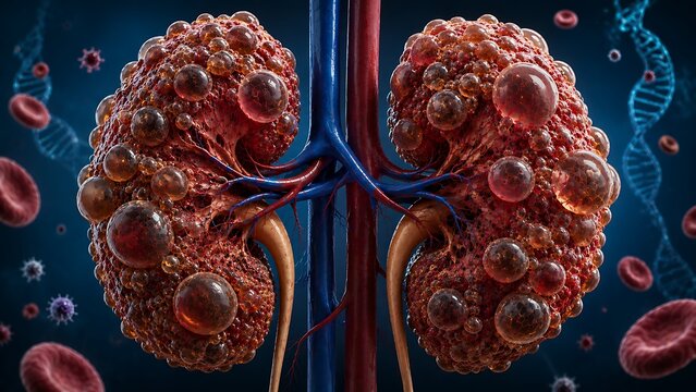 Polycystic Kidney Disease PKD with Multiple Renal Cysts and Damaged Kidneys, Medical Illustration