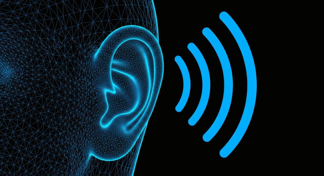 Blue wireframe digital human ear receiving sound waves