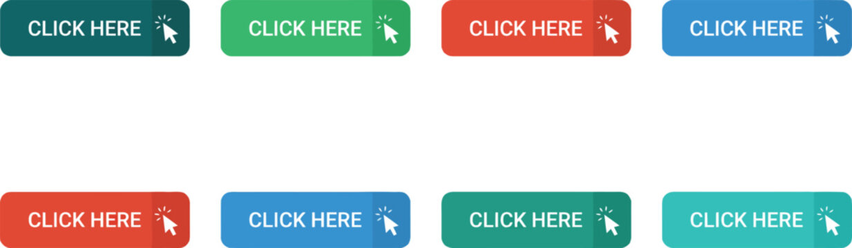 Set of flat design web call to action buttons with click here text and mouse cursor pointer arrow icons