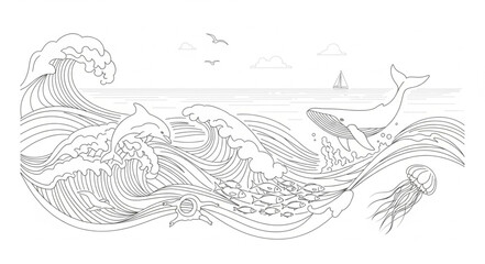 Fototapeta premium Whale swimming in a wave made of text.