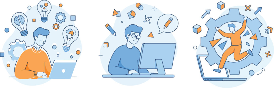 Set of flat line business illustrations featuring professionals brainstorming coding at computers and celebrating project optimization success