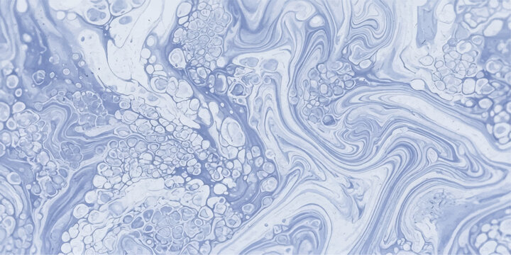 Abstract fluid art in delicate shades of blue and white, creating a mesmerizing marbled texture with swirling patterns and frothy bubbles, evoking a sense of calm and movement.