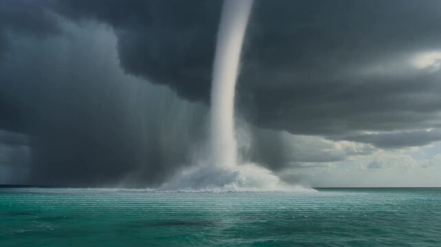 Rare waterspout forming over turquoise coastal waters during a tropical storm slow motion weather footage
