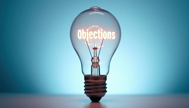 Glowing light bulb with word Objections inside. Symbolizes overcoming challenges and finding solutions. Represents obstacles and business problems requiring innovation and new ideas.