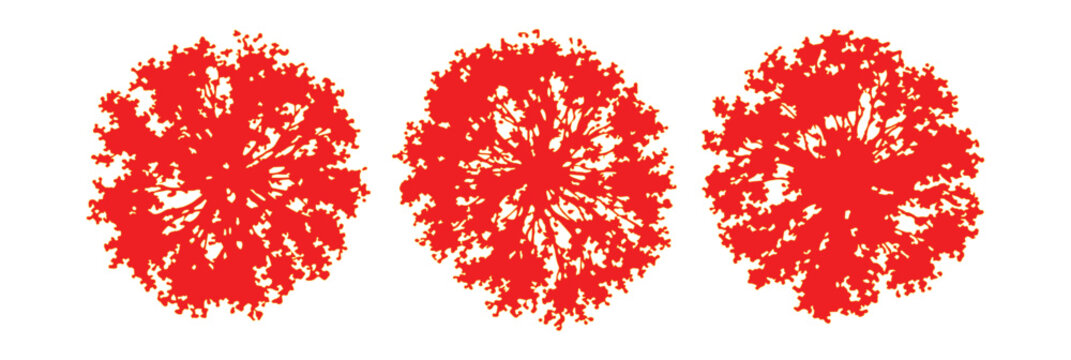 Red tree top view symbols, set of 3 flat aerial landscape architecture icons, vibrant crimson foliage plan view for site mapping and garden design
