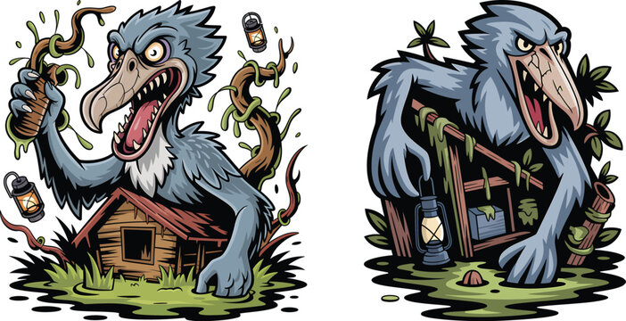 Horror lemur monster with intense stare and sharp teeth emerging from spooky dark backdrop, halloween creature vector art, unsettling cartoon style.