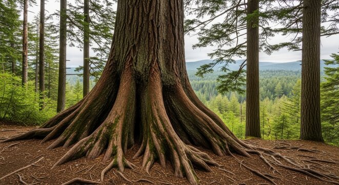 Massive Tree with Giant Buttress Roots in a Verdant Forest
