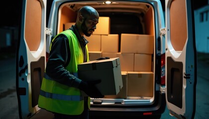 Naklejka premium Man in reflective vest loads cardboard box into van at night. Delivery courier handles package for shipping and transport. Logistics worker prepares cargo for distribution.