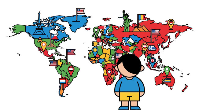 Boy looking at colorful world map with landmarks and flags